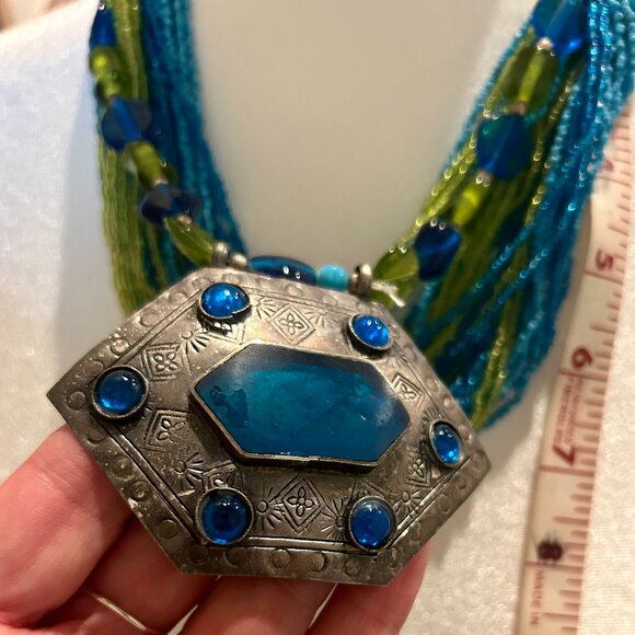 Boho Style Multi-strand Beaded Necklace Large Jeweled Metal Pendant Blue Green - Picture 3 of 9